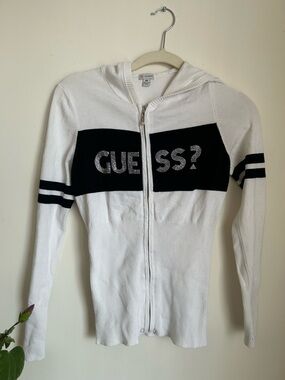 GUESS White Hoodie with Black Chest Panel and Stripe Detail